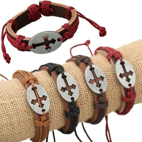 Vintage Retro Fashion Cross Genuine Leather Bracelet Handmade Charm Adjustable Wax Cords Bangle Wristands Women Men Punk Jewelry