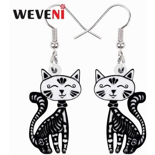 WEVENI Halloween Acrylic Elegant Smile Skull Skeleton Cat Earrings Fashion Drop Dangle Charms Gifts Jewelry For Women Girls Teen