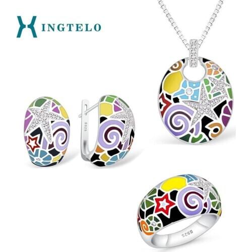 XINGTELO Colorful Enamel Jewelry Crystal 925 Sterling Silver Jewelry Set for Bridal Earrings Pendant Ring Chain Sweet Accessory