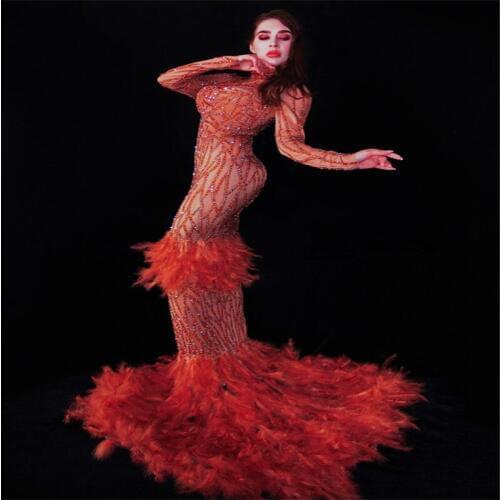 Y46 Female vintage orange rhinestone evening dress sexy feather long wedding dresses party wears diamonds outfits performance dj