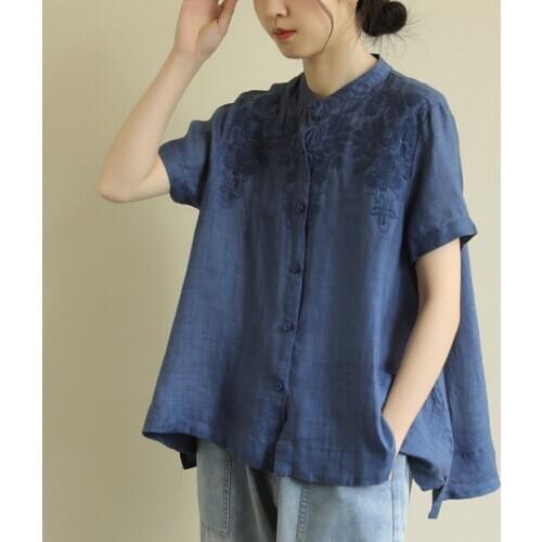 Johnature Cotton Linen Irregular Retro Embroidery Stand Short Sleeve Single Breasted Shirts Loose Leisure All-match Women Tops