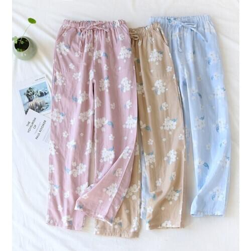 Women Summer Thin Sleep Bottoms 100% Cotton Floral Printing Loungewear Double Layer Gauze Home Pants Elastic Waist Sleep Wear