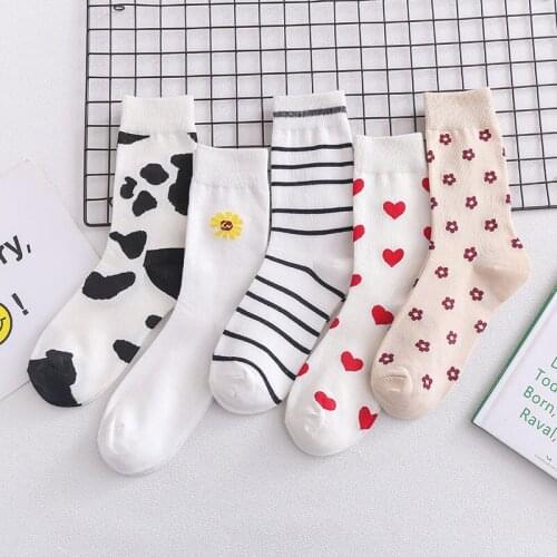 Women Socks Heart Sunflower Flower Prints striped Cotton Funny Short Socks Girls Cute Kawaii Harajuku Sock White Soks Streetwear