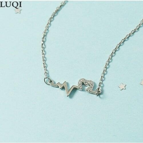 Womens S925 Silver Plated Platinum Heartbeat Electrograph Love Heart Zircon Pendant Personality Temperament Necklaces 718