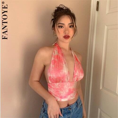 FANTOYE Halter Die-Dye Print Sleeveless Crop Top Women Sexy Deep V-Neck Backless Short Tank Top Skinny Streetwear Ladies Camis