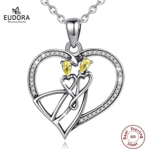 Eudora 925 Sterling Silver Yellow Crystal Pendant Necklace Heart style fashion Jewelry Women Valentines Day gift with Box D617
