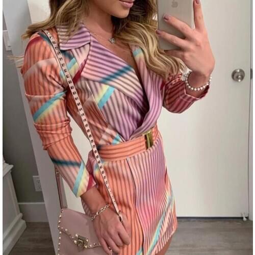 Autumn Colorful Striped Print Blazer Dress for women Elegant casual long blazer womens Streetwear Office lady Blazer Female