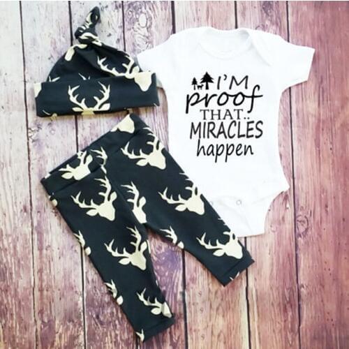 Newborn Baby Boy Clothes Cotton I'm Proof That Miracles Happen Bodysuits+Deer Pants+Hat 3pcs Sets Baby Girl CLothes Outfits