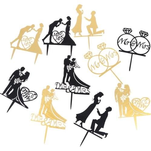 Acrylic Black gold Cake Toppers Mariage Party Supplies Adult Favors Wedding Cake Topper Bride Groom Mr Mrs Wedding Decorations