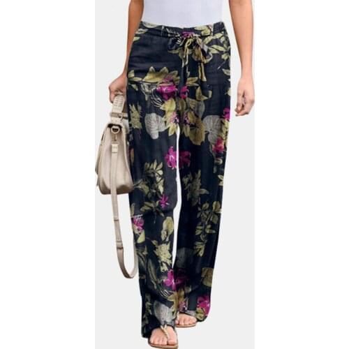 Loose Pants Women Floral Print High Waist Drawstring Pants Long Trousers Women Casual Cotton Flax Long Pants femme pantalon