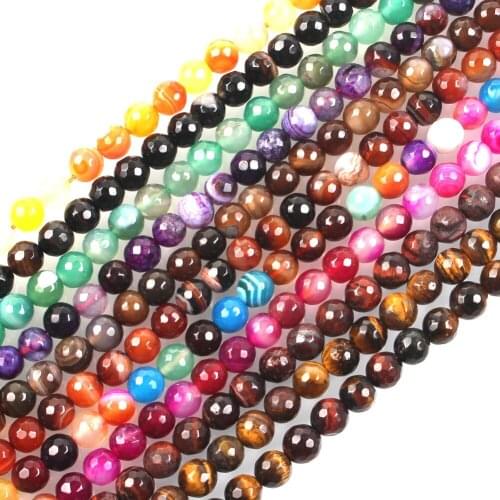 16"Strand Natural Stone Beads Faceted Striped Agates Tiger eye Agates Round Loose Spacer Beads For Jewelry Making 4-12mm