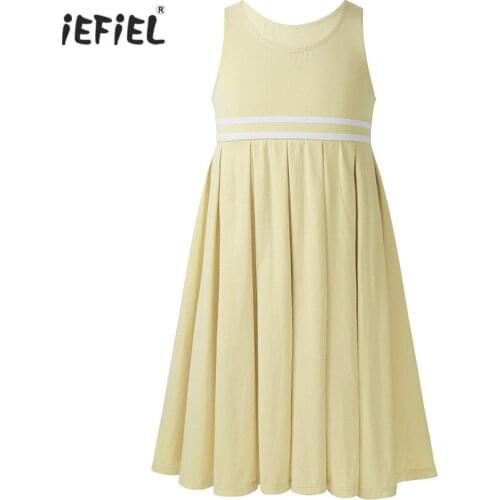 Kids Girls School Uniform Princess Dress Knee Length Casual Dresses Sleeveless Striped Trim Cotton Pleated Dress Summer Sundress