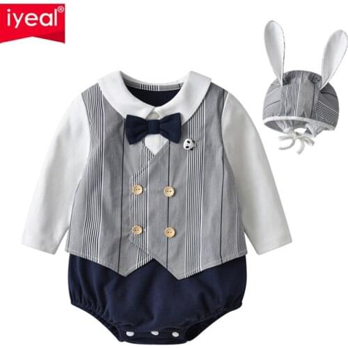 IYEAL Infant Romper With Cartoon Hat Boys Suit Baby Formal Clothes with Bow Outfit 0-18M Gentleman Kids Newborn Wedding Clothing