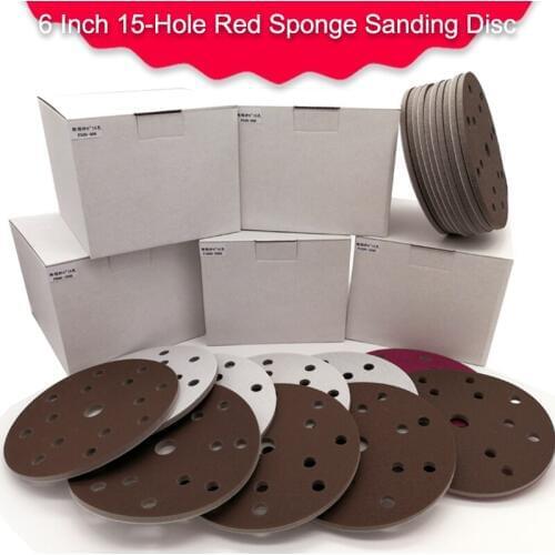 5Pcs Flocking Sponge Sanding Disc Red Sandpaper 6 Inch 15-Hole 300-2000 Grit for Polishing & Grinding Power Tools Accessories