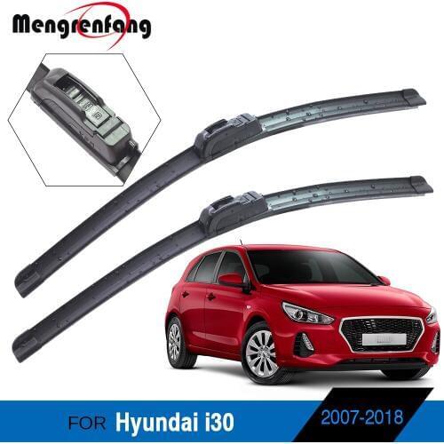 For Hyundai i30 Car Front Windscreen Wiper Blades Frameless Soft Rubber Wiper Blade J Hook & Push Button Arms 2007-2018