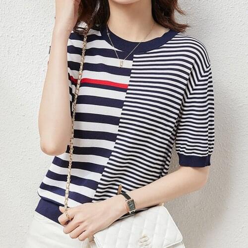 LJSXLS Striped Knitting Jumper Sweaters Women Casual Color Contrast Womens Clothing 2021 Summer Short Sleeve O-Neck Top Female