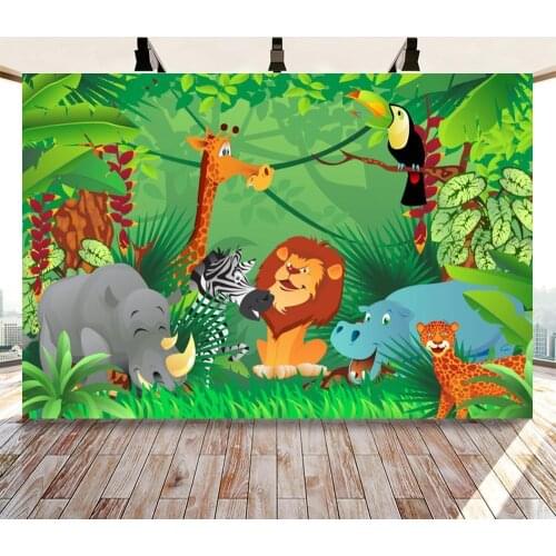 Green Forest Cartoon Backdrop Boys Birthday Rhinoceros Cheetah Zebra Jungle Party Backgrounds For Photography Decor
