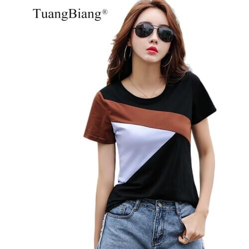 2021 Summer Fashion Slim Women Cotton T-Shirts New Khaki Green Patchwork Contrasting Colors Tshirt O-Neck Short Sleeve Lady Tops