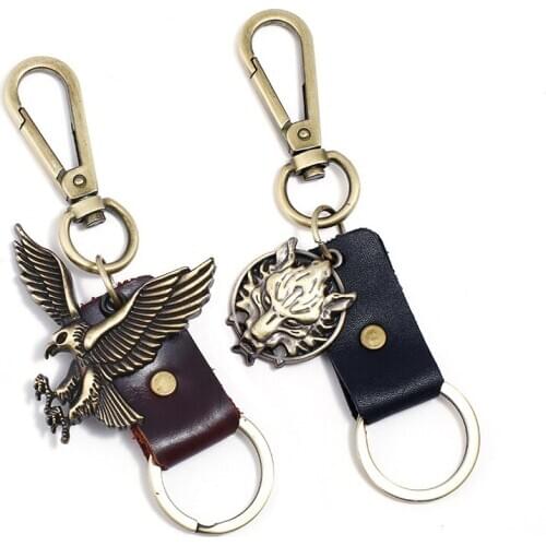 Quality Retro Cowhide Alloy Key Chain Elastic Hook Cartoon Key Pendant Men Women Couple Keychain Genuine Leather Car Keyring