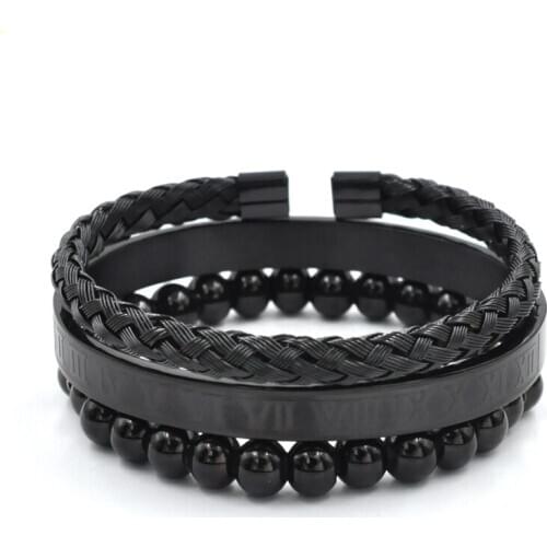 Classic Jewelry Set Beads Bangles Black Gold Color Women Roman Letters Bracelets Stainless Steel Cable Wire Bangle Men Pulseras