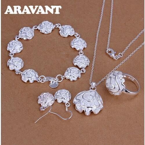 Bridal Wedding Jewelry Set 925 Silver Jewelry Rose Flower Pendant Necklace Bracelet Ring Earring Women Fashion Jewelry