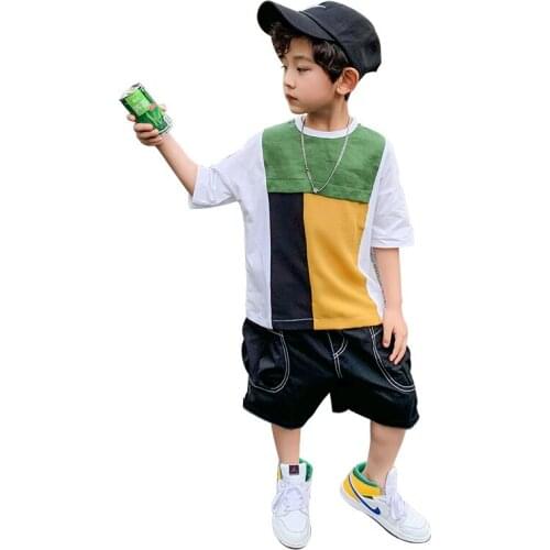 Kids boys summer casual suit spell color T-shirt + cowboy Shorts 2pcs sets of new big virgin suit