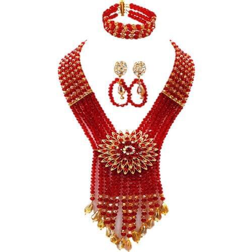 Red and Champagne Gold AB African Beads Jewelry Set Crystal Necklace Nigerian Wedding Accessories 6SDLS06