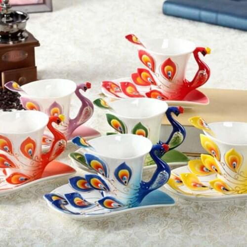 Creative personality gift tea set enamel peacock coffee cup and saucer set Chinese elegant ceramic cup