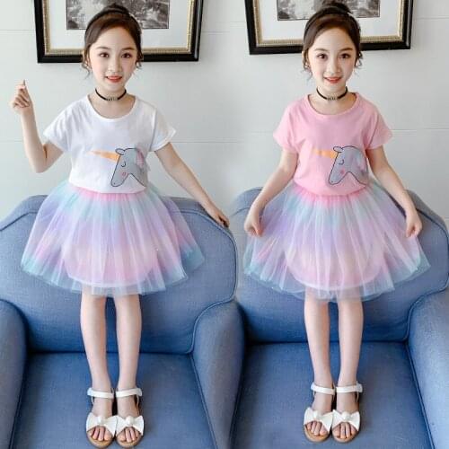 Summer Girls Cartoon Print Unicorn T-shirt Gauze Dress Clothes Sets Children Off Shoulder 2-piece Suit Kid Short Sleeve Clothing