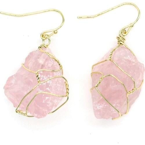 Trendy-beads Light Yellow Gold Color Irregular Shape Natural Rose Pink Quartz Earrings For Women Jewelry