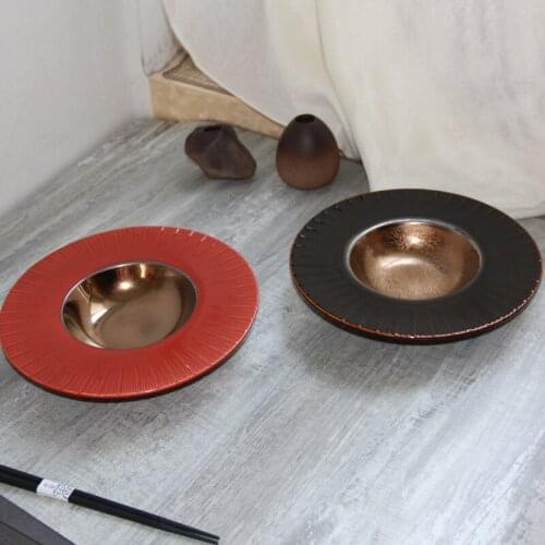 Japanese style new creative ceramic tableware, hand-painted tracing gold deep soup, western food dessert plate, black gold straw