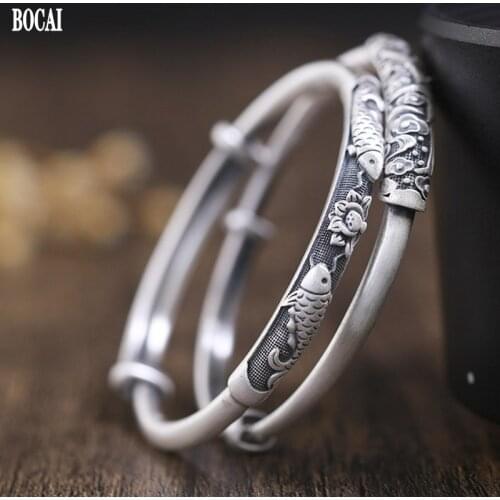 BOCAI New 2021 Fashion Hand-embossed Woman Bracelet Koi Lotus Gift for Girlfriend S999 Pure Silver Jewelry Push-pull Adjustable