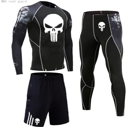 New Mens tracksuit Compression long sleeve shirt Gym leggings Skull MMA Top Sports rash guard male Quick dry Running set Men