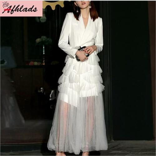 Autumn And Winter New Notched Collar Party Dress Slim Long Sleeve Mesh Patchwork Dress Fashion Elegant Women Pleated Dress