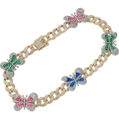 Bling Rhinestones Butterfly Necklace for Women Iced Out Cuban Link Chain Necklace Rapper Chocker Hip Hop Jewelry Accessories