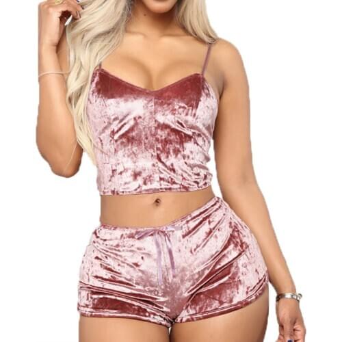 Sexy Women 2 Piece Sets Velvet Spaghetti Strap Crop Tops Mini Shorts Sleepwear Pajamas Suits Casual Nightwear Party Clubwear 3XL