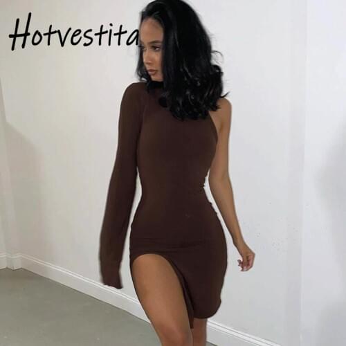 SOGA DRESS 2020 Sexy One Shoulder Hollow Out Asymmetrical Bodycon Mini Dress Autumn Solid Long Sleeve Woman Party Club Dresses