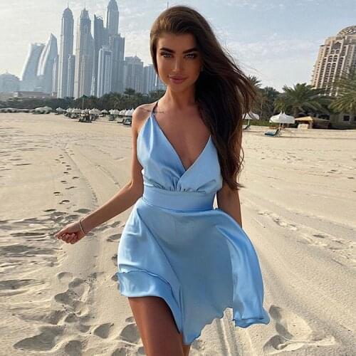 Womens Summer Sexy Deep V-neck Sashes Tie Spaghetti Dresses, New Arrival 2021 Mini Pink Blue Beach Dress Bow Woman Dress Robe