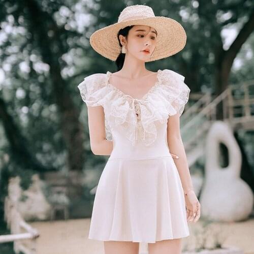 Casual One-Piece Womens Swimsuit Korean Sexy High Waist Swimming Suit Swimwear Female Large Size Swim Suit With Skirt Ruffles