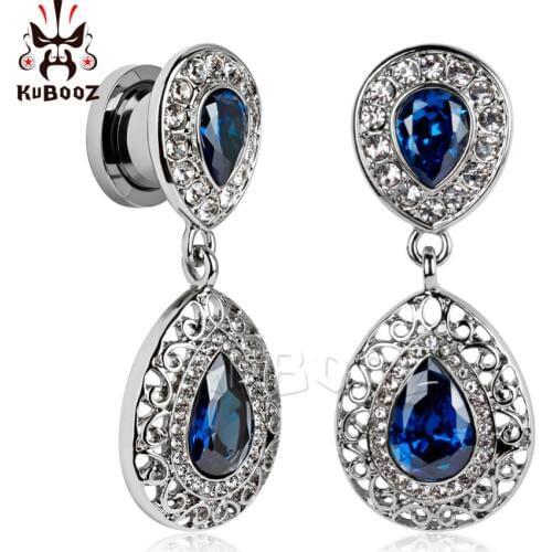 KUBOOZ Piercing Blue Zircon Ear Gauges Plugs Tunnels Screw Earrings Body Jewelry Expander Steel Studs Stretcher Fashion Gift
