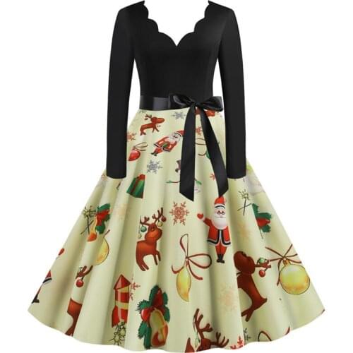 Christmas Print Costume Elegant Party Dress Women Long Sleeve V-neck 50s 60s Retro Vintage Rockabilly Dresses Vestidos De Mujer