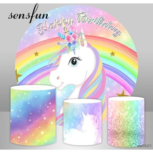 Sensfun Rainbow Unicorn Party Round Backdrops For Photography Bokeh Girls Birthday Circle Backgrounds Photo Studio Plinth Covers