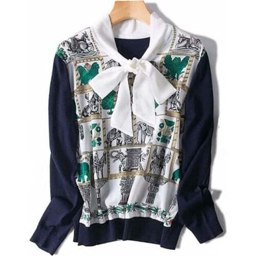 Silk spliced wool tencel blend knit women fashion bow tie printed patchwork tshirt M/L retail wholesale