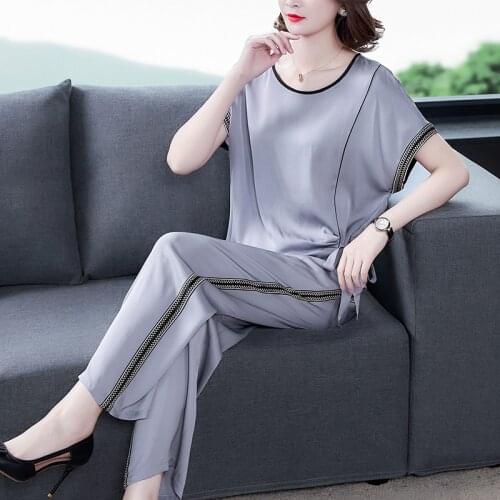 Silk Two Pieces Suit 2021 New Casual Slim Thin Women O-Neck Wide Leg Pants Suit Fashion Elegant Female Patchwork Suits LJ3127