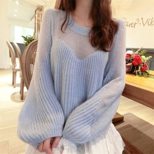 Women Fashion Thin Soft Wool Sweater Long Lantern Sleeve Loose Casual Knit Pullover O Neck Red White Knit Tops Sweater Jumper