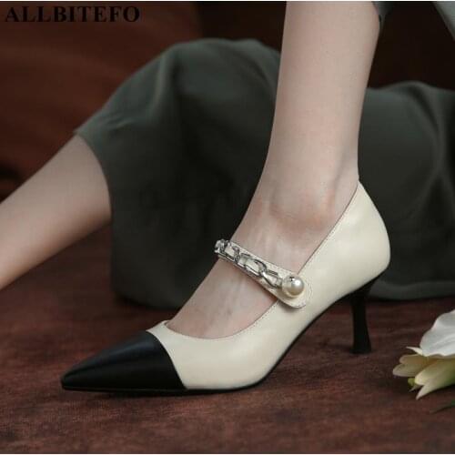 ALLBITEFO Chain Mixed Colors Stiletto Genuine Leather Party Wedding Women Heels Shoes Spring Fashion Sexy Girls High Heel Shoes