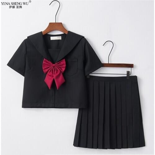 Japanese School Uniform Kansai Bad Black Suit for Students JK Kawaii Sailor Collar Bow High School Top Long Pleated Skirt Set