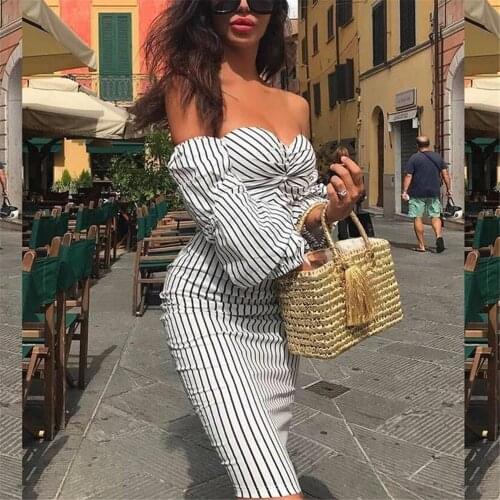 Yesexy 2021 Sexy Off the Shoulder Strapless Stripe Women Dresses Bodycon Backless Elegant Female Middle Dresses VR8524