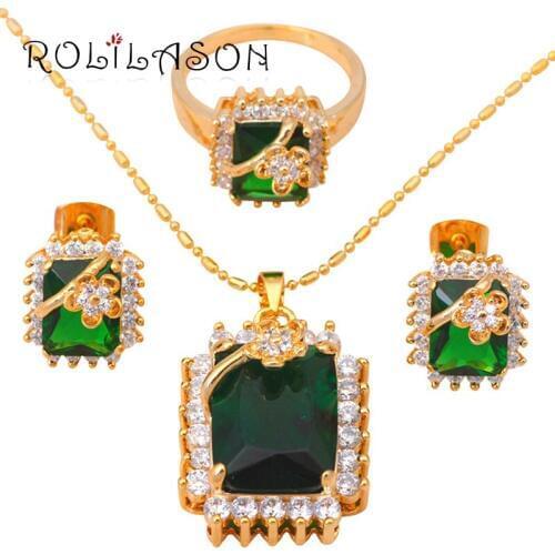 Brand yellow gold Tone Green Zircon Crystal Jewelry Sets Earrings Necklace pendant Ring sz #9 #8 #7 Fashion Jewelry JS288