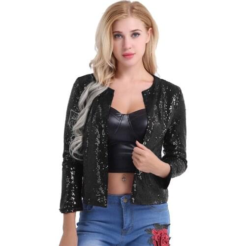 Women Long Sleeve Fashion Jackets Shiny Sequins Open Front Office Work Formal Slim Blazer Jacket Coat Spring Autumn Clothes